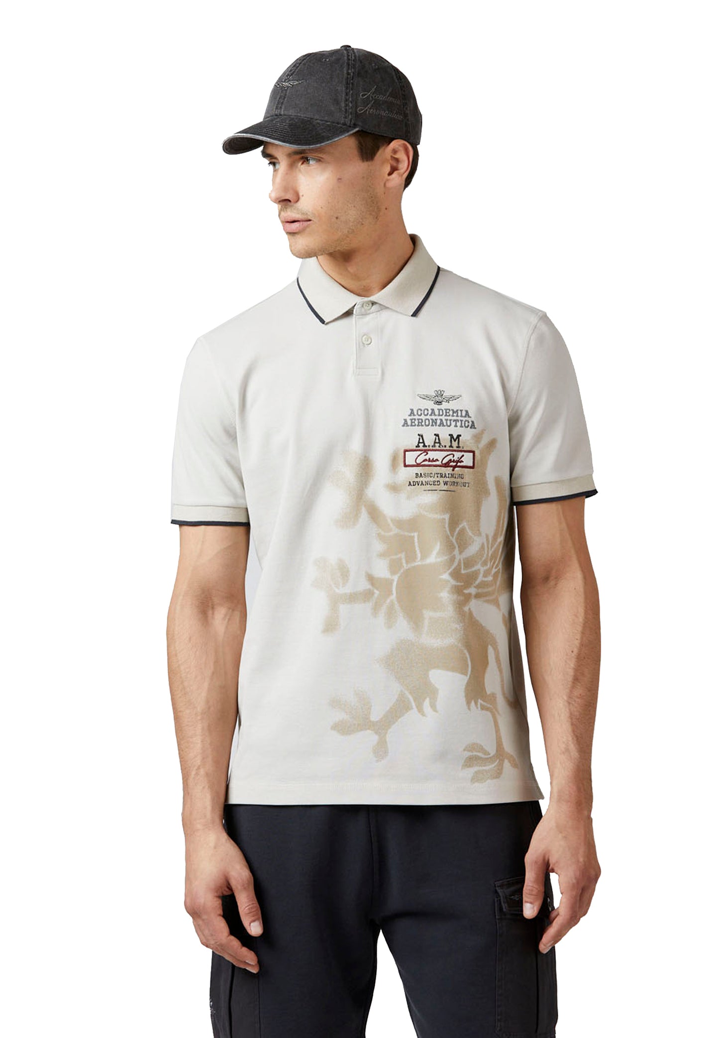 Cream cotton polo shirt with Grifo Aeronautica Militare P24 print